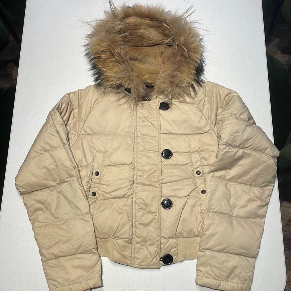 Moncler Beige Puffer Ski Jacket with Fur-Trim Hood
